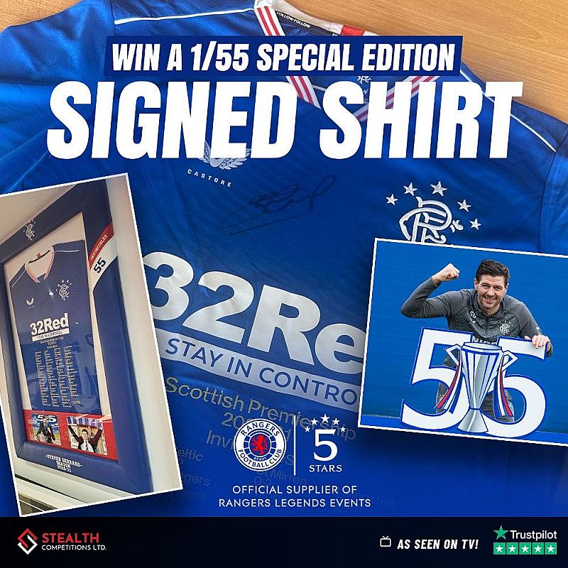 FRAMED LIMITED EDITION 55 RANGERS SHIRT SIGNED BY STEVEN GERRARD!